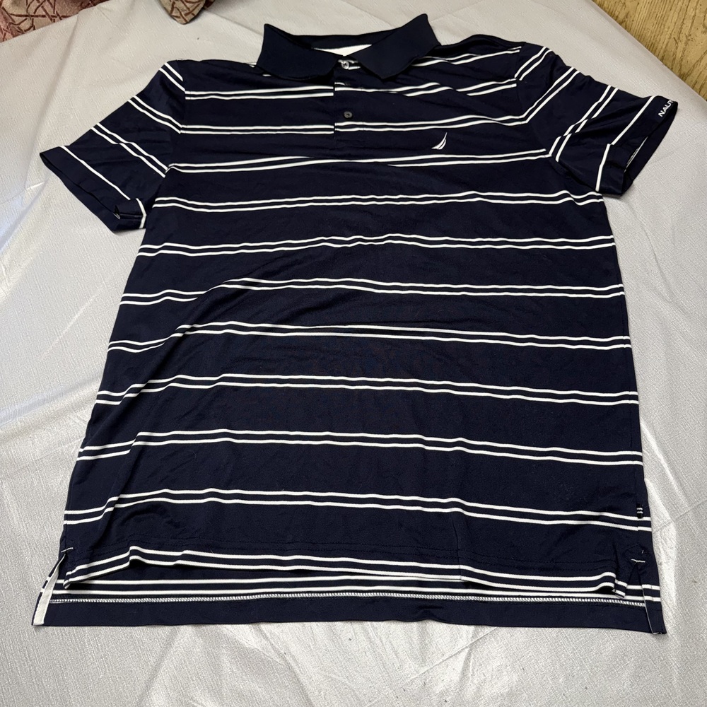 Nautica Mens XL Navy Striped Polo Shirt Tech Pique